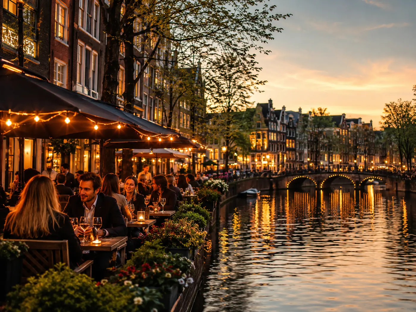 Terras aan een Amsterdamse gracht in de avond