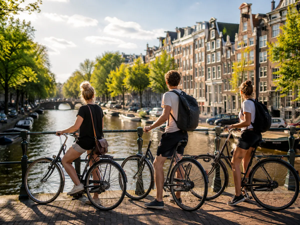 Bezoekers met fietsen bij de Amsterdamse grachten